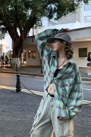 Color-Blocked Plaid Long Sleeve Shirt Jacket for Men and Women - Retro Loose-Fit, Versatile Spring Autumn Top with Pockets