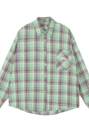 Color-Blocked Plaid Long Sleeve Shirt Jacket for Men and Women - Retro Loose-Fit, Versatile Spring Autumn Top with Pockets