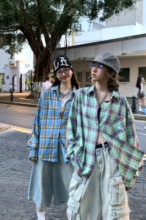 Color-Blocked Plaid Long Sleeve Shirt Jacket for Men and Women - Retro Loose-Fit, Versatile Spring Autumn Top with Pockets