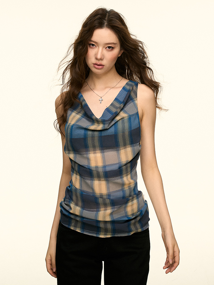 Color-Blocked Plaid Ruffled Neckline Vest for Women - Summer Sleeveless Top, Trendy American Style, Hot Girl Fashion Color-Blocked Plaid Ruffled Neckline Vest for Women - Summer Sleeveless Top, Trendy American Style, Hot Girl Fashion
