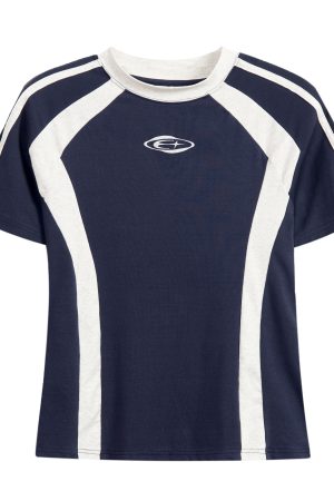 Color-Blocked Short-Sleeve Crop Top for Women - American Retro Slim-Fit Summer T-Shirt