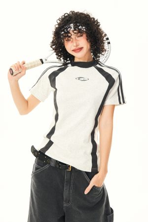 Color-Blocked Short-Sleeve Crop Top for Women - American Retro Slim-Fit Summer T-Shirt