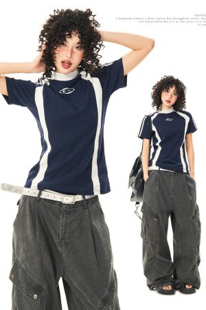 Color-Blocked Short-Sleeve Crop Top for Women - American Retro Slim-Fit Summer T-Shirt