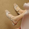 Color-Blocked Square-Toe Mid-Heel Mary Jane Backless Sandals for Women - Vintage French Lambskin Summer Flats