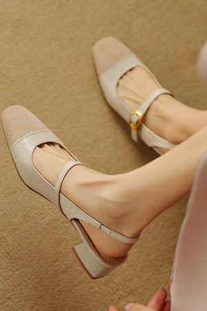 Color-Blocked Square-Toe Mid-Heel Mary Jane Backless Sandals for Women - Vintage French Lambskin Summer Flats