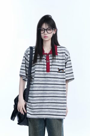 Color-Blocked Striped Polo Shirt for Women - Loose Fit Short Sleeve American College Style T-Shirt