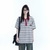 Color-Blocked Striped Polo Shirt for Women - Loose Fit Short Sleeve American College Style T-Shirt