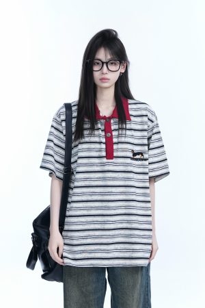 Color-Blocked Striped Polo Shirt for Women - Loose Fit Short Sleeve American College Style T-Shirt