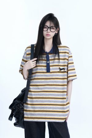 Color-Blocked Striped Polo Shirt for Women - Loose Fit Short Sleeve American College Style T-Shirt