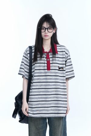 Color-Blocked Striped Polo Shirt for Women - Loose Fit Short Sleeve American College Style T-Shirt