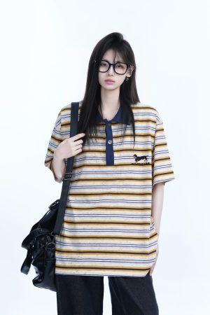 Color-Blocked Striped Polo Shirt for Women - Loose Fit Short Sleeve American College Style T-Shirt