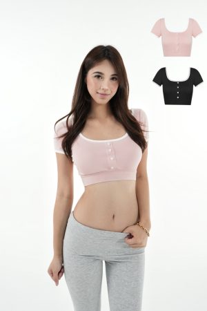 Color-Blocked U-Neck Cropped Elastic Short-Sleeve Top - Trendy Y2K Style for Effortless Summer Looks