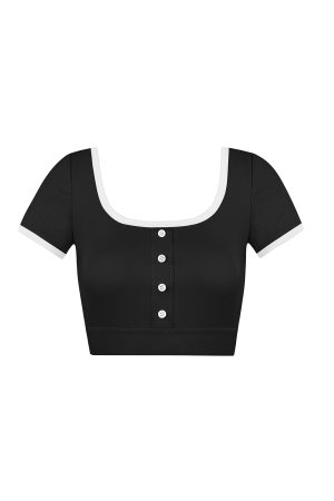 Color-Blocked U-Neck Cropped Elastic Short-Sleeve Top - Trendy Y2K Style for Effortless Summer Looks