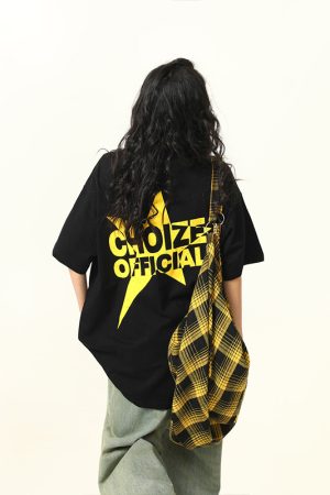 Color-Blocking American Street Star Print Short-Sleeve T-Shirt for Men and Women - Trendy Loose Fit Couple Top