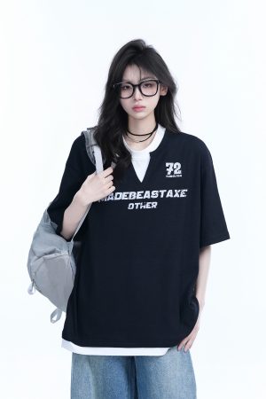 Color-Blocking Faux Two-Piece V-Neck Short Sleeve T-Shirt for Women - Waffle Texture, Loose Fit, College Style, Casual Fashion