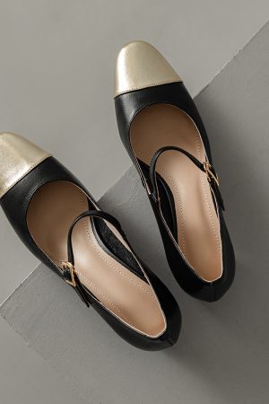 Color-Blocking Genuine Leather Mary Jane Shoes for Women - French Artistic Style, Medium Heel, Round Toe, Chic and Elegant