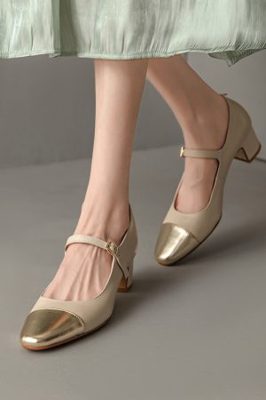 Color-Blocking Genuine Leather Mary Jane Shoes for Women - French Artistic Style, Medium Heel, Round Toe, Chic and Elegant