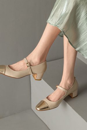 Color-Blocking Genuine Leather Mary Jane Shoes for Women - French Artistic Style, Medium Heel, Round Toe, Chic and Elegant