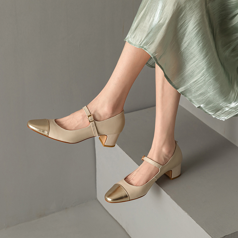 Color-Blocking Genuine Leather Mary Jane Shoes for Women - French Artistic Style, Medium Heel, Round Toe, Chic and Elegant Color-Blocking Genuine Leather Mary Jane Shoes for Women - French Artistic Style, Medium Heel, Round Toe, Chic and Elegant