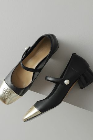 Color-Blocking Leather Mary Jane Shoes for Women - Artistic Camellia Design, Square-Toe, Mid-Heel - Spring Fashion