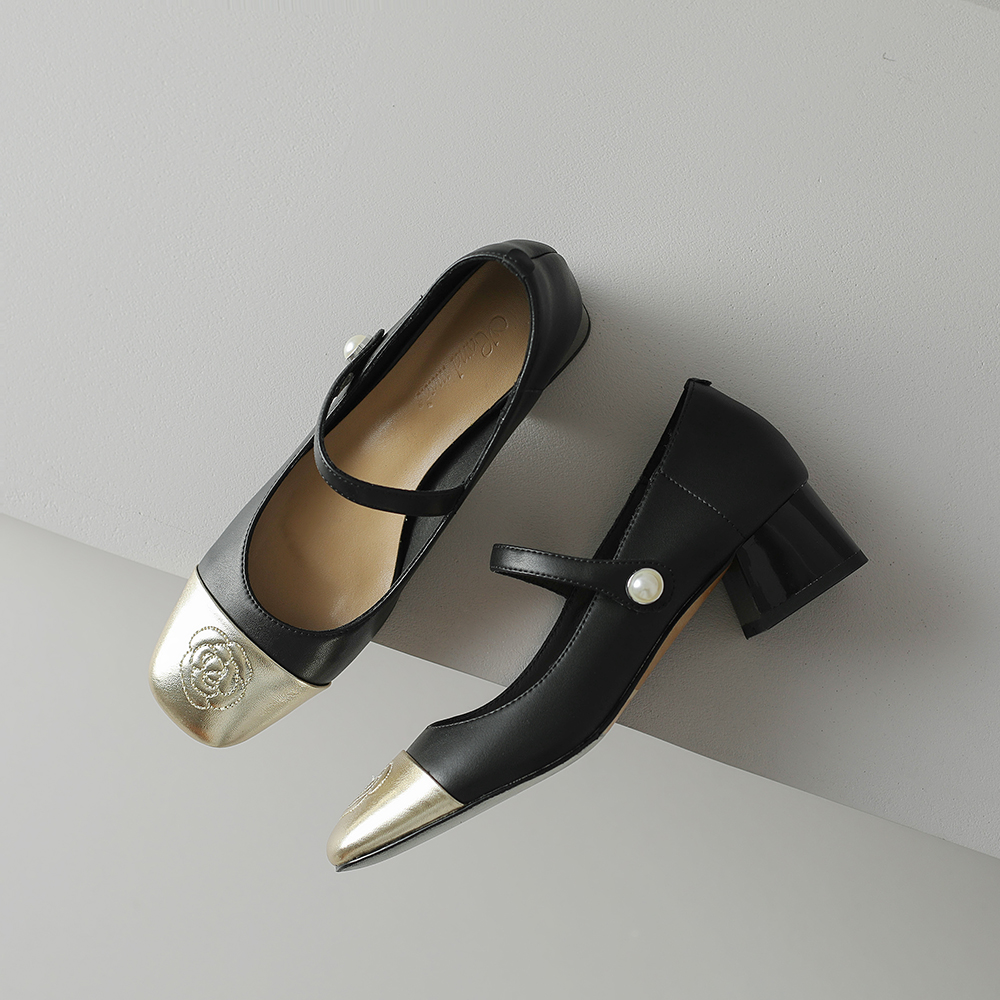 Color-Blocking Leather Mary Jane Shoes for Women - Artistic Camellia Design, Square-Toe, Mid-Heel - Spring Fashion Color-Blocking Leather Mary Jane Shoes for Women - Artistic Camellia Design, Square-Toe, Mid-Heel - Spring Fashion