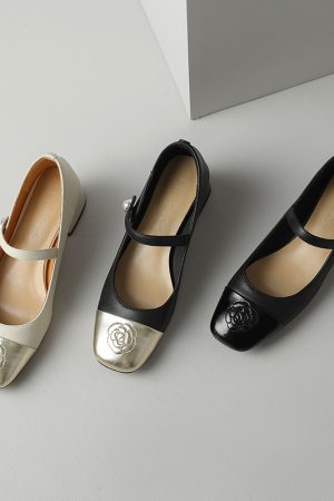 Color-Blocking Leather Mary Jane Shoes for Women - Artistic Camellia Design, Square-Toe, Mid-Heel - Spring Fashion