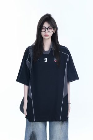 Color-Blocking Oversized Short-Sleeve T-Shirt for Women - Retro American Style, Summer Loose Fit, Trendy Mountain Graphic Design