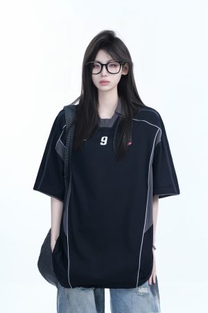 Color-Blocking Oversized Short-Sleeve T-Shirt for Women - Retro American Style, Summer Loose Fit, Trendy Mountain Graphic Design