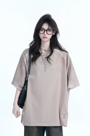 Color-Blocking Raglan T-Shirt for Women - Oversized Loose Fit Short Sleeve Tee with American Sports Style, Casual Trendy Look