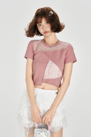Color-Blocking Short Sleeve T-Shirt for Women - Retro Patchwork Split Design, Summer 90s Style Top