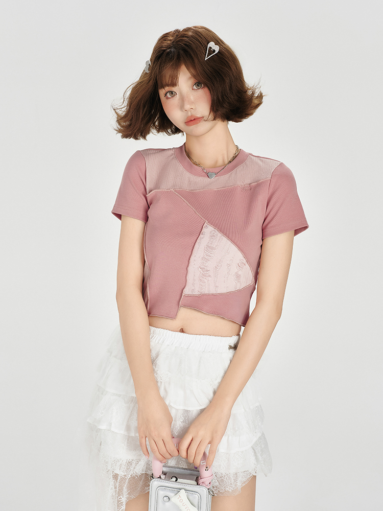 Color-Blocking Short Sleeve T-Shirt for Women - Retro Patchwork Split Design, Summer 90s Style Top Color-Blocking Short Sleeve T-Shirt for Women - Retro Patchwork Split Design, Summer 90s Style Top