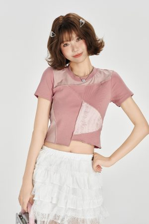 Color-Blocking Short Sleeve T-Shirt for Women - Retro Patchwork Split Design, Summer 90s Style Top