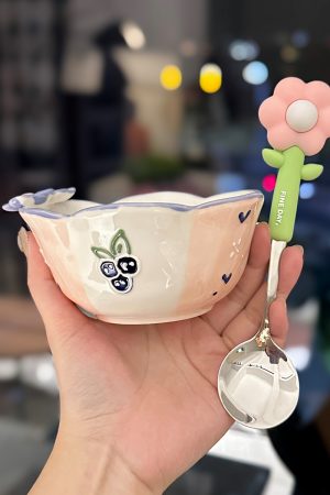 Colorful Ceramic Rice Bowl - High-Temperature Underglaze, Aesthetic Fruit Bowl, Elegant Tableware for Individual Use