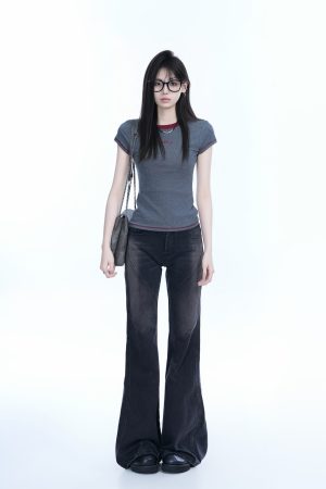 Colorful Contrast Short Sleeve T-Shirt for Women - Slim Fit Round Neck, American Style, Casual Base Layer, Perfect for Everyday Wear