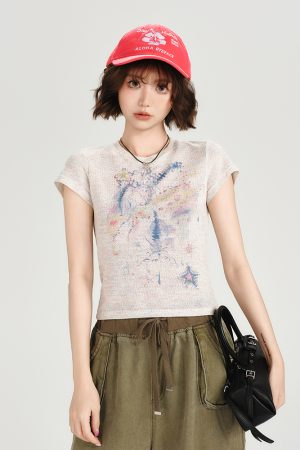 Colorful Dot Print Short Sleeve T-Shirt for Women - American Retro Style, Round Neck, Slim Fit, Summer Fashion Top