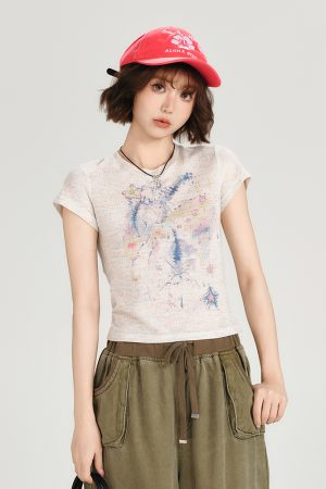 Colorful Dot Print Short Sleeve T-Shirt for Women - American Retro Style, Round Neck, Slim Fit, Summer Fashion Top