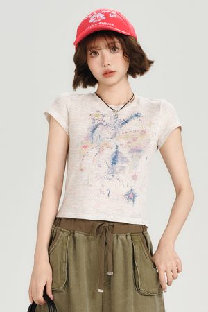 Colorful Dot Print Short Sleeve T-Shirt for Women - American Retro Style, Round Neck, Slim Fit, Summer Fashion Top