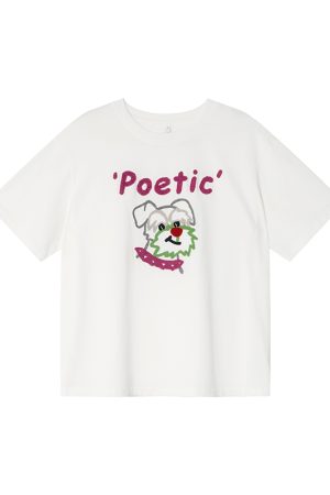 Colorful Embroidered Dog T-Shirt for Women - Summer Loose Fit Pure Cotton Short Sleeve Top, Cute and Fun Pet Lover Style