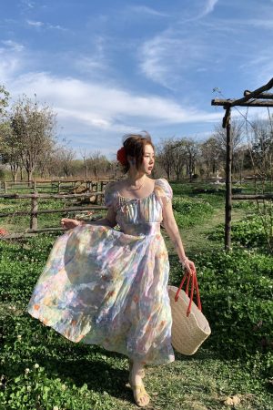 Colorful Floral Butterfly Short Sleeve Dress â€“ Women's Summer Puff Sleeve A-Line Vintage Style Oil Painting Dress