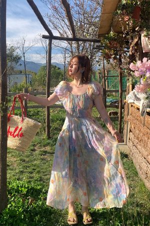 Colorful Floral Butterfly Short Sleeve Dress â€“ Women's Summer Puff Sleeve A-Line Vintage Style Oil Painting Dress