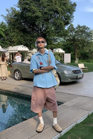 Colorful Floral Embroidered Waffle Short-Sleeve Shirt for Men and Women - American Retro Casual Loose Fit Summer Style