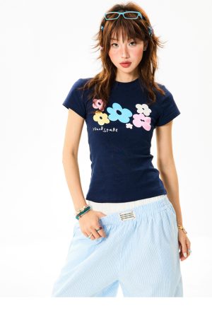 Colorful Floral Shoulder Short Sleeve T-Shirt for Women - Slim Fit Dopamine Crop Top - Summer 90s Style