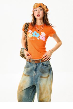 Colorful Floral Shoulder Short Sleeve T-Shirt for Women - Slim Fit Dopamine Crop Top - Summer 90s Style