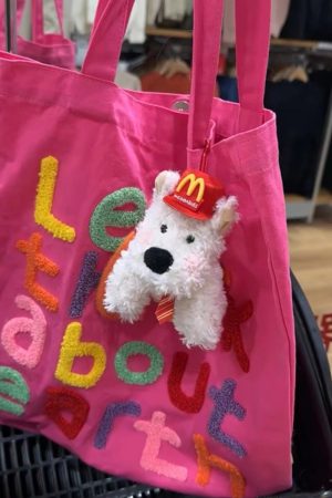 Colorful Letter Canvas Tote Bag - Cute Large-Capacity Shoulder Bag in Dragon Fruit Color for Trendy Early Morning Commuting