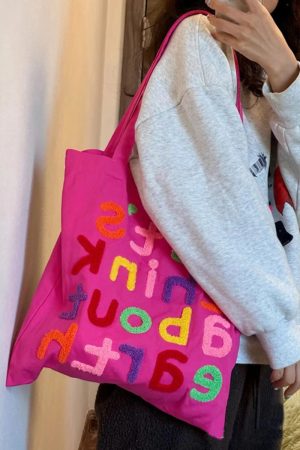Colorful Letter Canvas Tote Bag - Cute Large-Capacity Shoulder Bag in Dragon Fruit Color for Trendy Early Morning Commuting