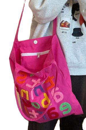 Colorful Letter Canvas Tote Bag - Cute Large-Capacity Shoulder Bag in Dragon Fruit Color for Trendy Early Morning Commuting