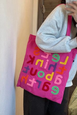 Colorful Letter Canvas Tote Bag - Cute Large-Capacity Shoulder Bag in Dragon Fruit Color for Trendy Early Morning Commuting