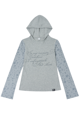 Colorful Patchwork Long Sleeve Hoodie T-Shirt with Random Star Print - Black, White, Gray Casual Style