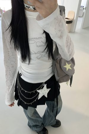 Colorful Patchwork Long Sleeve Hoodie T-Shirt with Random Star Print - Black, White, Gray Casual Style