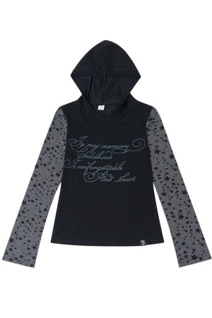 Colorful Patchwork Long Sleeve Hoodie T-Shirt with Random Star Print - Black, White, Gray Casual Style